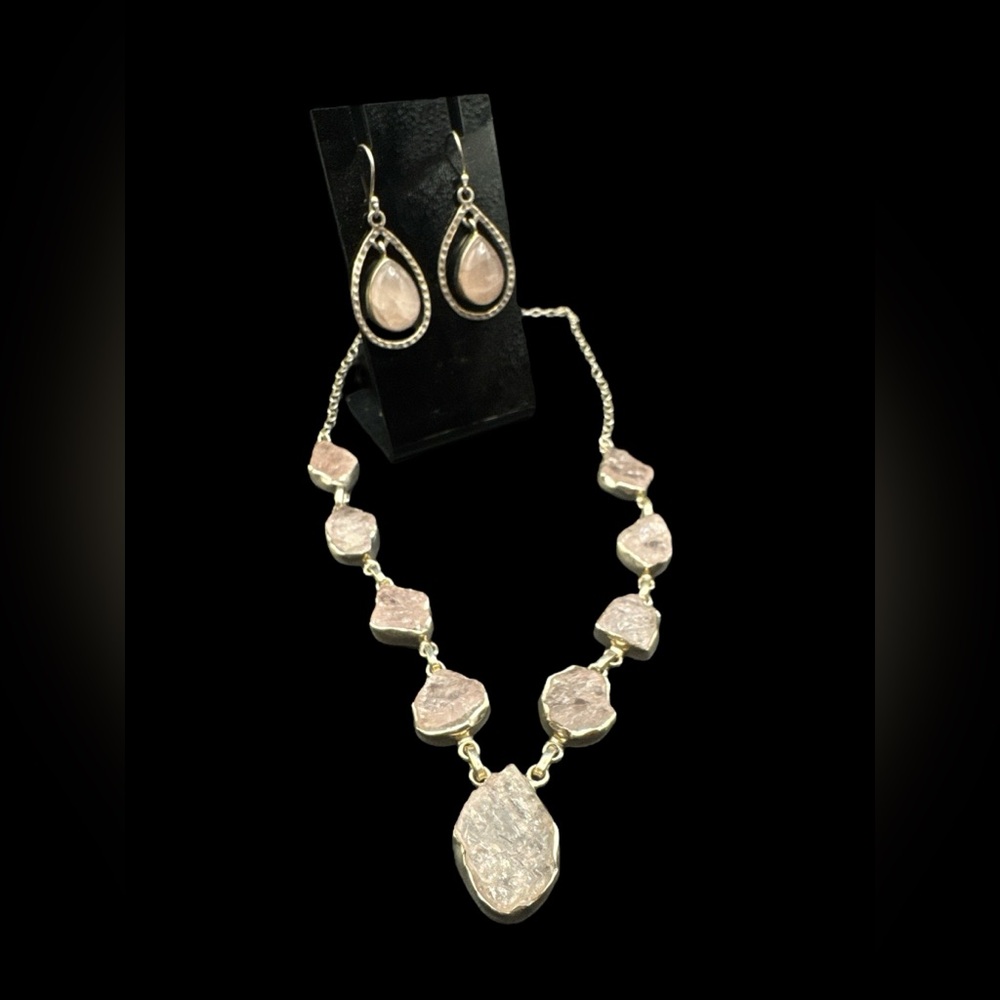 Vintage Sterling Rose Quartz Teardrop Hoop Earrings & Lariat Necklace Set 18.5”